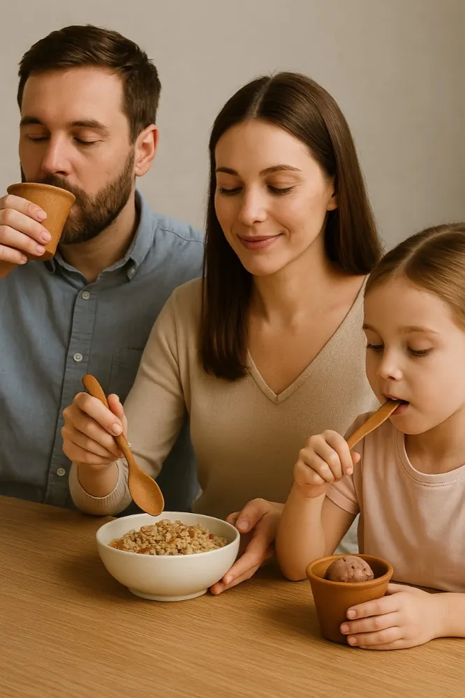 A family eating with Snaxtic edible spoons and cups