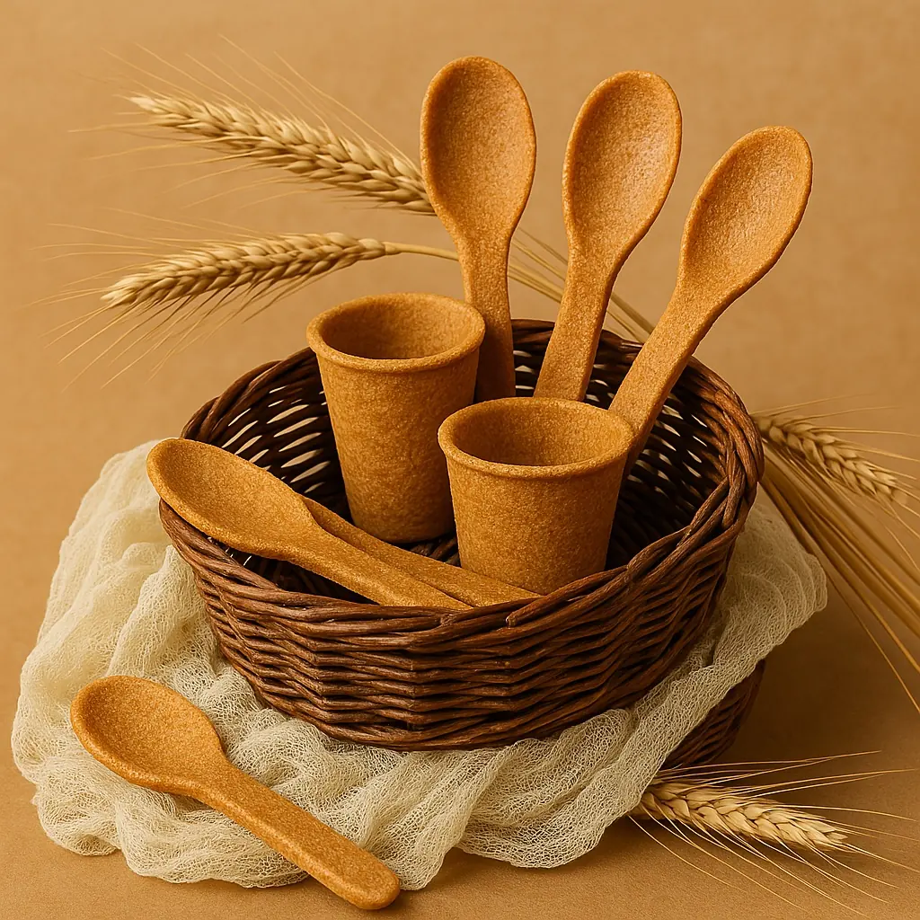 Edible spoons and cups in a basket with wheat stalks